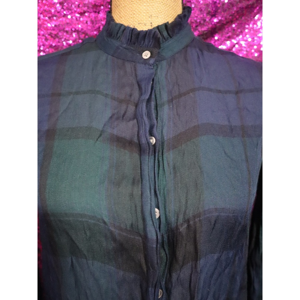 Green Plaid Top XS LOFT Women Ruffle Neck Long Sleeve Button Down Blouse Fall